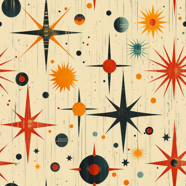 retro starburst, mid-century modern, atomic age, geometric shapes, orange, red, teal, cream, beige, black, star patterns, celestial motifs, sunburst designs, circles, dots, vintage style,, fabric panel, space age, modernist design