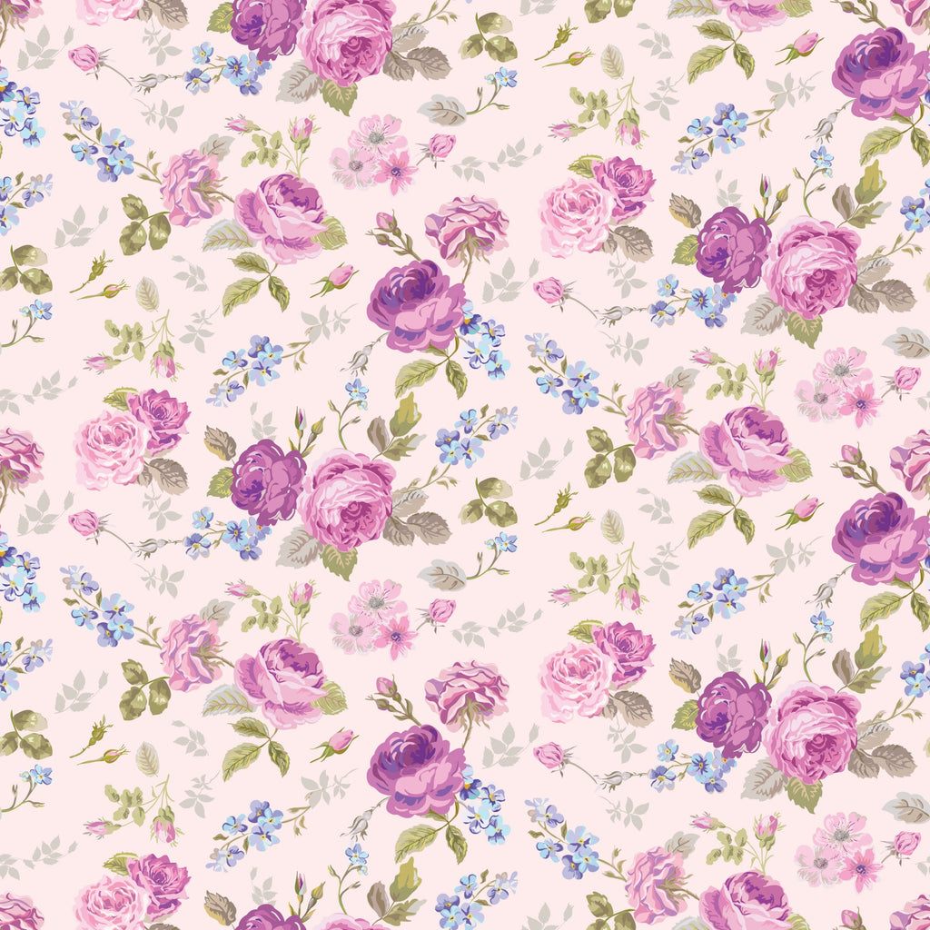 pink, purple, lavender, blue, cream, floral pattern, roses, small flowers, leaves, botanical, vintage style, shabby chic, romantic, feminine,, fabric panel, tea party theme, delicate, soft pastels, ditsy floral