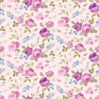 pink, purple, lavender, blue, cream, floral pattern, roses, small flowers, leaves, botanical, vintage style, shabby chic, romantic, feminine,, fabric panel, tea party theme, delicate, soft pastels, ditsy floral