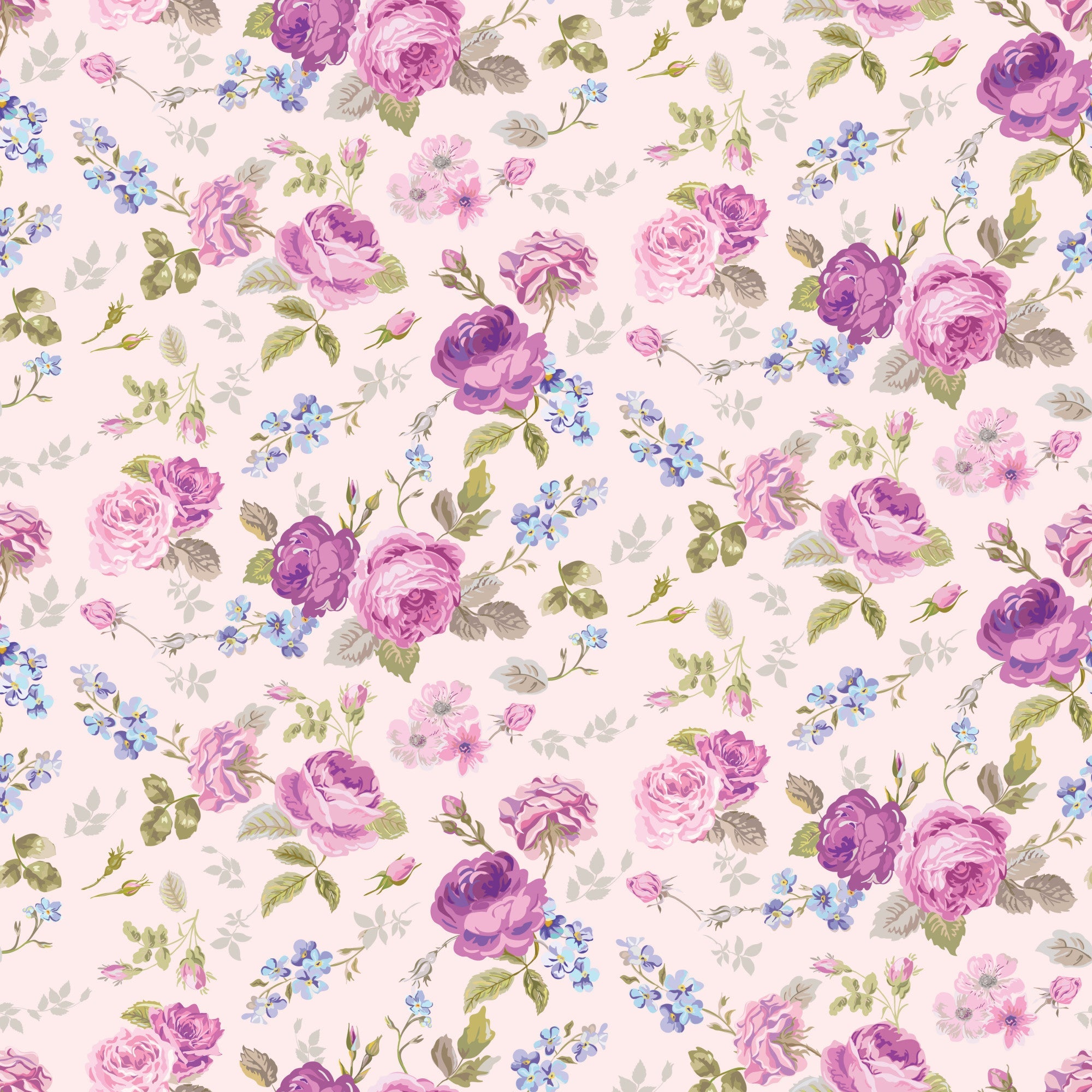 pink, purple, lavender, blue, cream, floral pattern, roses, small flowers, leaves, botanical, vintage style, shabby chic, romantic, feminine,, fabric panel, tea party theme, delicate, soft pastels, ditsy floral