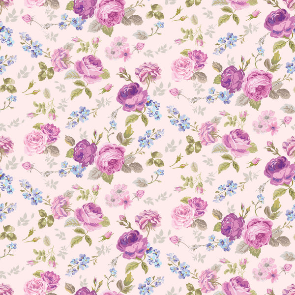 pink, purple, lavender, blue, cream, floral pattern, roses, small flowers, leaves, botanical, vintage style, shabby chic, romantic, feminine,, fabric panel, tea party theme, delicate, soft pastels, ditsy floral