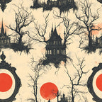 blood moon, red circles, gothic manor, haunted house, bare trees, spooky silhouettes, victorian architecture, eerie atmosphere, cream background, black silhouettes, ornate mirrors, gothic windows, twisted branches, horror theme, halloween fabric,, fabric panel, supernatural scene, dark fantasy, macabre design