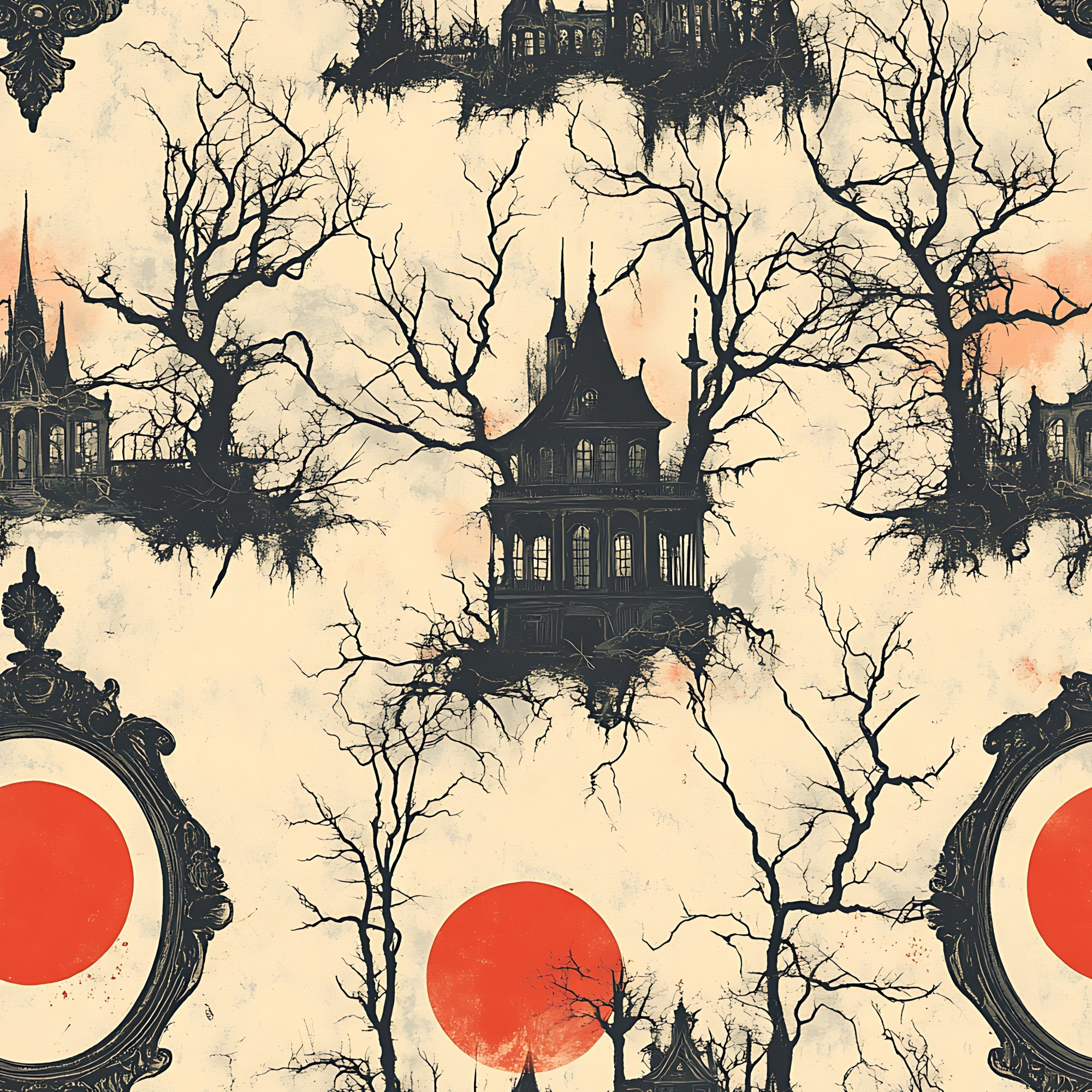 blood moon, red circles, gothic manor, haunted house, bare trees, spooky silhouettes, victorian architecture, eerie atmosphere, cream background, black silhouettes, ornate mirrors, gothic windows, twisted branches, horror theme, halloween fabric,, fabric panel, supernatural scene, dark fantasy, macabre design