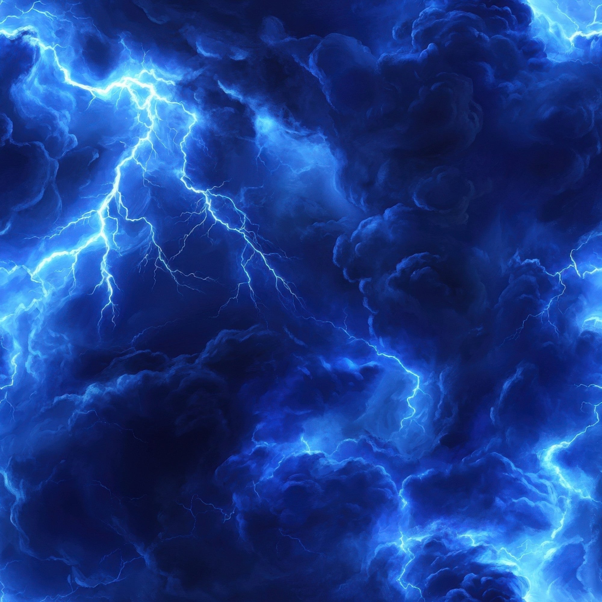 electric blue, navy blue, bright blue, lightning bolts, thunderstorm, storm clouds, dramatic sky, electrical discharge, zigzag patterns, branching lines, stormy weather,, fabric panel, moody atmosphere, intense energy, weather phenomena, turbulent clouds, electric patterns, storm scene, atmospheric design