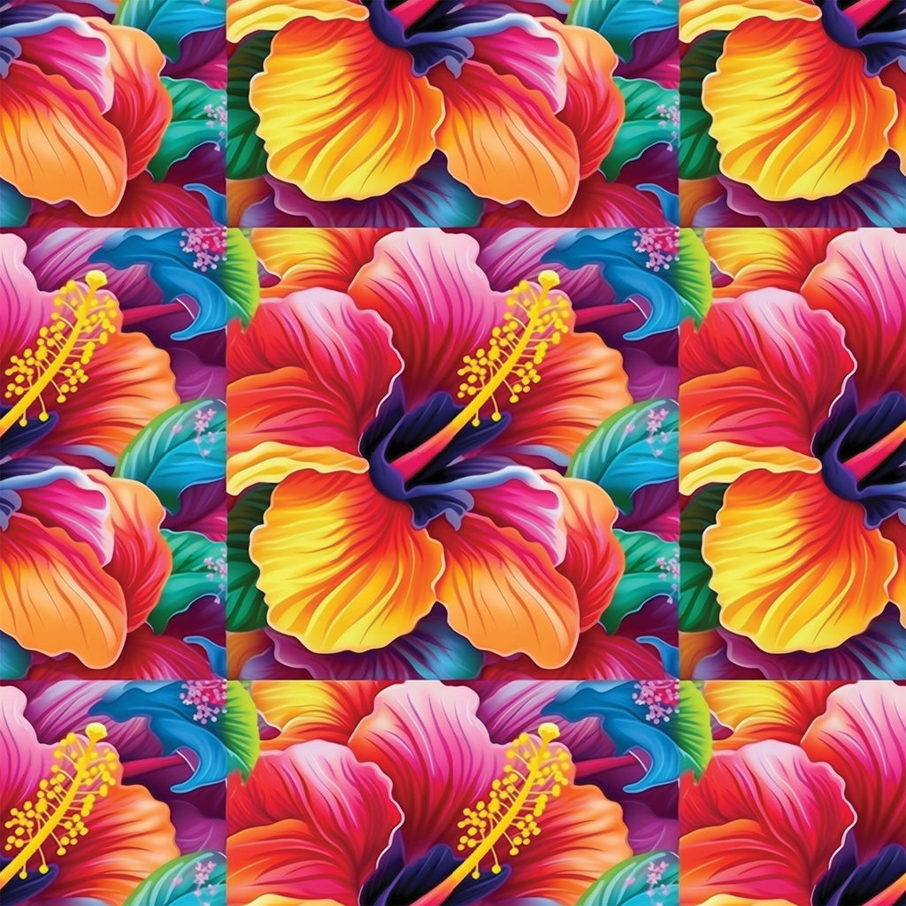 colorful flowers, hibiscus pattern, tropical blooms, vibrant petals, rainbow colors, orange gradient, pink flowers, yellow stamens, blue accents, purple hues, floral motifs, tropical paradise, bright botanical,, fabric panel, seamless repeat, summer vibes, exotic flowers, multi-colored design, hawaiian style