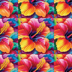 colorful flowers, hibiscus pattern, tropical blooms, vibrant petals, rainbow colors, orange gradient, pink flowers, yellow stamens, blue accents, purple hues, floral motifs, tropical paradise, bright botanical,, fabric panel, seamless repeat, summer vibes, exotic flowers, multi-colored design, hawaiian style
