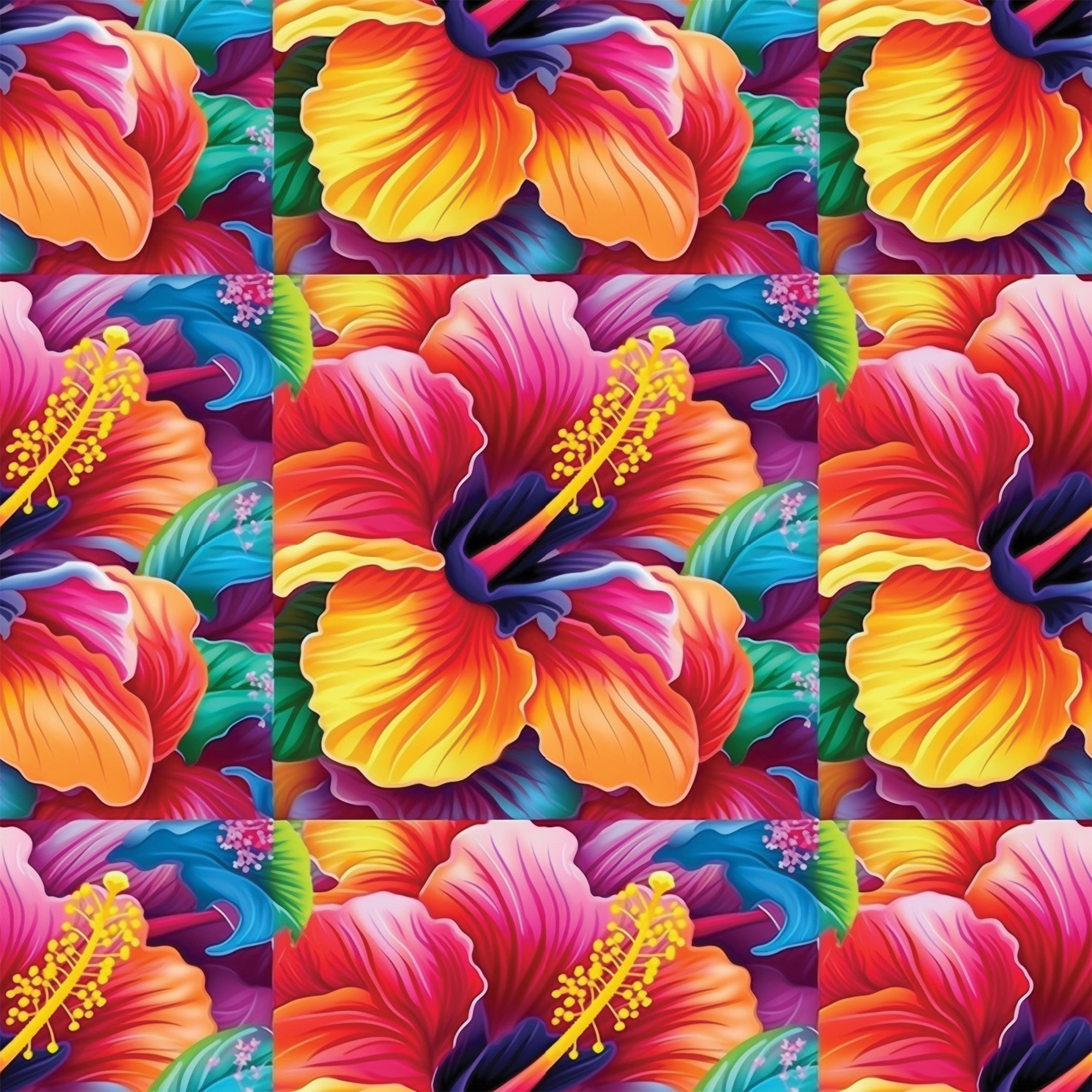 colorful flowers, hibiscus pattern, tropical blooms, vibrant petals, rainbow colors, orange gradient, pink flowers, yellow stamens, blue accents, purple hues, floral motifs, tropical paradise, bright botanical,, fabric panel, seamless repeat, summer vibes, exotic flowers, multi-colored design, hawaiian style