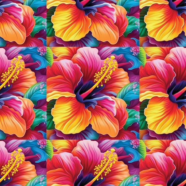 colorful flowers, hibiscus pattern, tropical blooms, vibrant petals, rainbow colors, orange gradient, pink flowers, yellow stamens, blue accents, purple hues, floral motifs, tropical paradise, bright botanical,, fabric panel, seamless repeat, summer vibes, exotic flowers, multi-colored design, hawaiian style