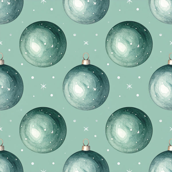sage green, mint green, teal green, dusty blue, soft teal, ornaments, christmas baubles, holiday, festive, winter, snowflakes, stars, celestial, shiny, metallic, copper accents, whimsical, elegant, modern, nursery, kids room, baby shower, playroom, christmas decor, seasonal, peaceful, calming, soft watercolor, vintage holiday