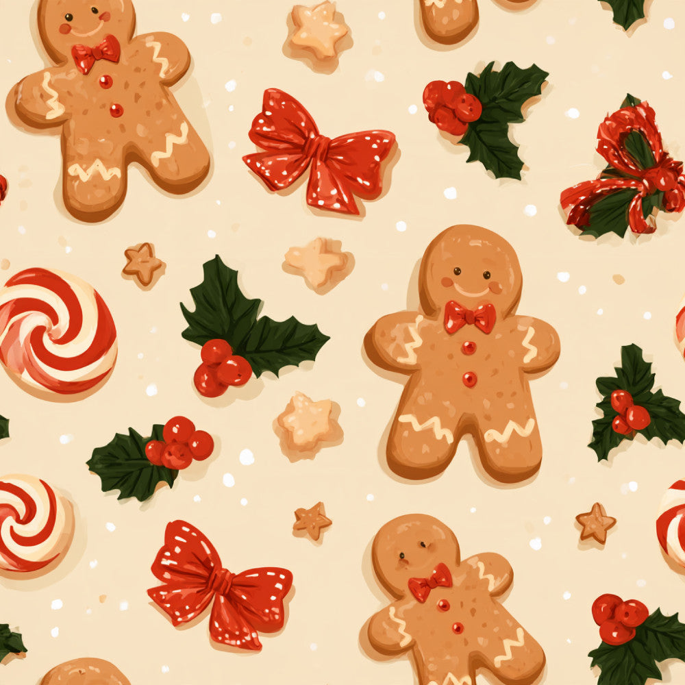 gingerbread men, holiday, christmas, festive, red bows, holly berries, candy canes, peppermint, lollipops, star cookies, cream background, red, green, gingerbread brown, whimsical, playful, winter, kids, nursery, children's, cute, festive treats, seasonal, traditional christmas, baking theme, cookie decorations