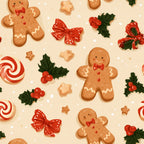 gingerbread men, holiday, christmas, festive, red bows, holly berries, candy canes, peppermint, lollipops, star cookies, cream background, red, green, gingerbread brown, whimsical, playful, winter, kids, nursery, children's, cute, festive treats, seasonal, traditional christmas, baking theme, cookie decorations