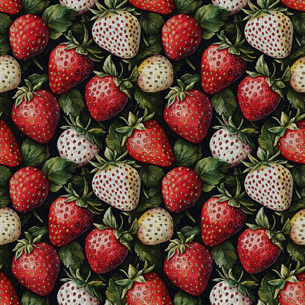 strawberry, red strawberries, white strawberries, cream colored berries, green leaves, berry picking, fruit pattern, botanical, nature themed, garden, farmhouse style, cottage core, vintage botanical, summer, spring, kids room, playroom, nursery, baby shower, children's decor, dark background, bright red, cream white, natural green, whimsical, sweet, fruit motif, detailed illustration, classic pattern