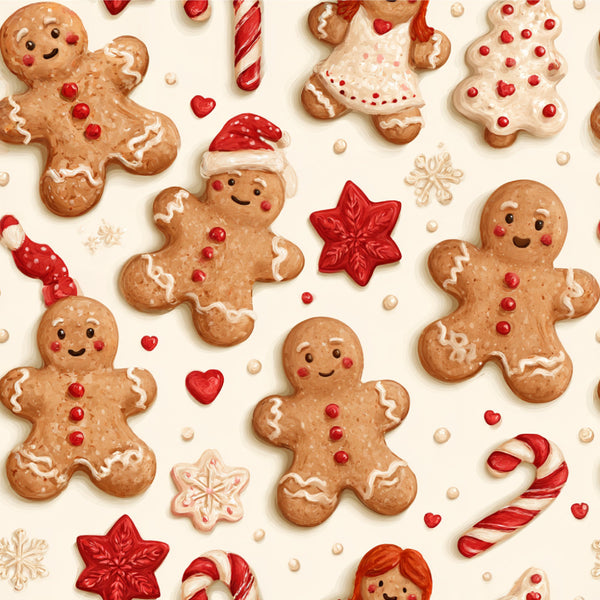gingerbread, red, cream, tan, brown, candy cane, holiday, christmas, festive, whimsical, cute, gingerbread man, snowflake, star, heart, candy, seasonal, winter, playroom, kids room, nursery, children's, cheerful, decorative, traditional, folk art, sweet, charming, red and white
