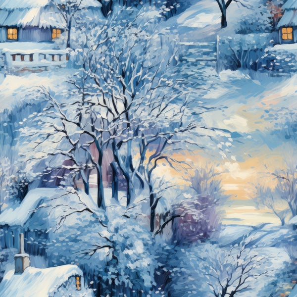 winter scene, snow-covered landscape, bare trees, cottages, warm golden light, blue tones, white snow, purple shadows,, fabric panel, cozy homes, rural village, dawn lighting, peaceful countryside, winter morning, snowy branches, glowing windows, serene atmosphere, painted style, seasonal fabric
