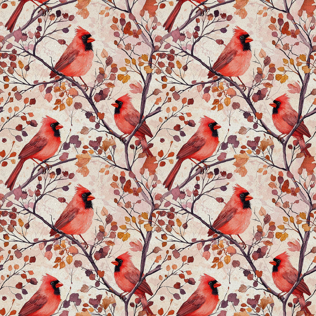 red cardinals, autumn leaves, birds, branches, coral red, burgundy, orange, brown, watercolor style, repeating pattern,, fabric panel, seasonal design, nature motif, fall colors, botanical elements, wildlife pattern, artistic illustration, warm tones, perched birds