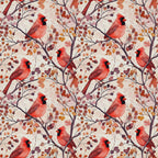 red cardinals, autumn leaves, birds, branches, coral red, burgundy, orange, brown, watercolor style, repeating pattern,, fabric panel, seasonal design, nature motif, fall colors, botanical elements, wildlife pattern, artistic illustration, warm tones, perched birds