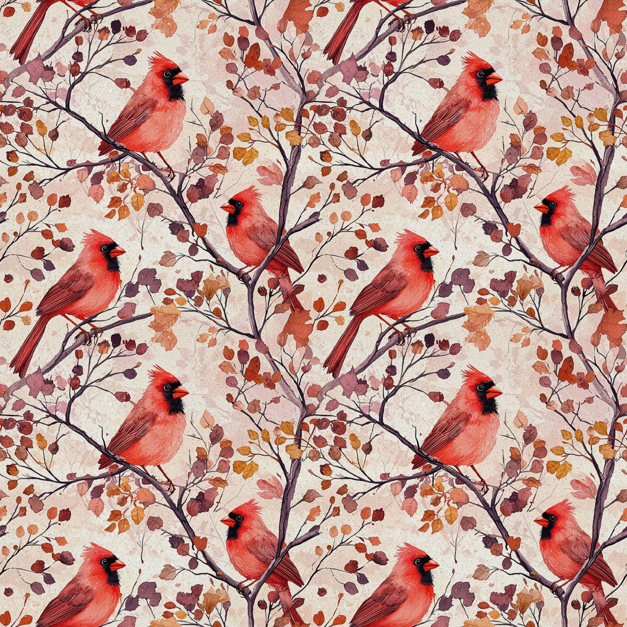 red cardinals, autumn leaves, birds, branches, coral red, burgundy, orange, brown, watercolor style, repeating pattern,, fabric panel, seasonal design, nature motif, fall colors, botanical elements, wildlife pattern, artistic illustration, warm tones, perched birds