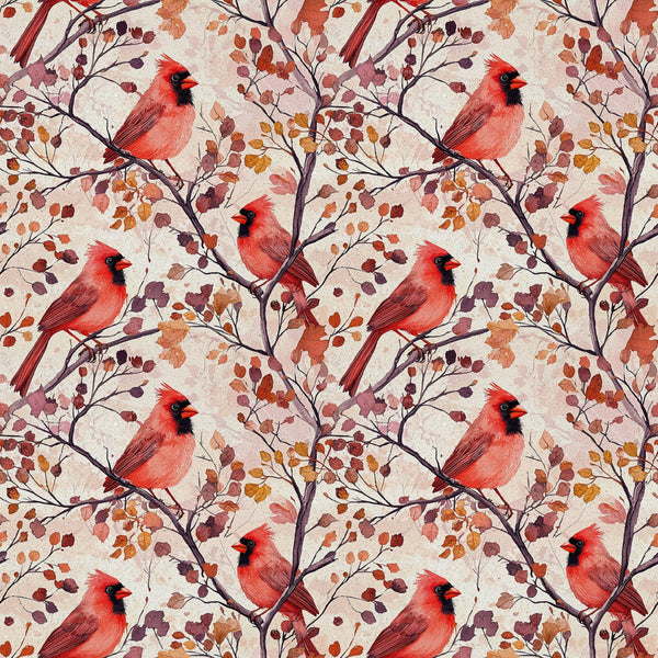 red cardinals, autumn leaves, birds, branches, coral red, burgundy, orange, brown, watercolor style, repeating pattern,, fabric panel, seasonal design, nature motif, fall colors, botanical elements, wildlife pattern, artistic illustration, warm tones, perched birds