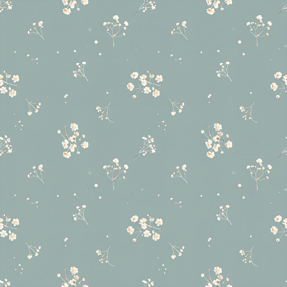 sage green, dusty blue, cream, soft blue, floral, botanical, delicate flowers, baby's breath, wildflowers, nature, spring, summer, garden, whimsical, elegant, soft, romantic, vintage, pastoral, cottage core, nursery, baby room, kids room, nature lover, calming, gentle, scattered flowers, branch design, minimalist floral