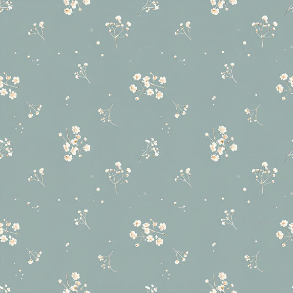 sage green, dusty blue, cream, soft blue, floral, botanical, delicate flowers, baby's breath, wildflowers, nature, spring, summer, garden, whimsical, elegant, soft, romantic, vintage, pastoral, cottage core, nursery, baby room, kids room, nature lover, calming, gentle, scattered flowers, branch design, minimalist floral