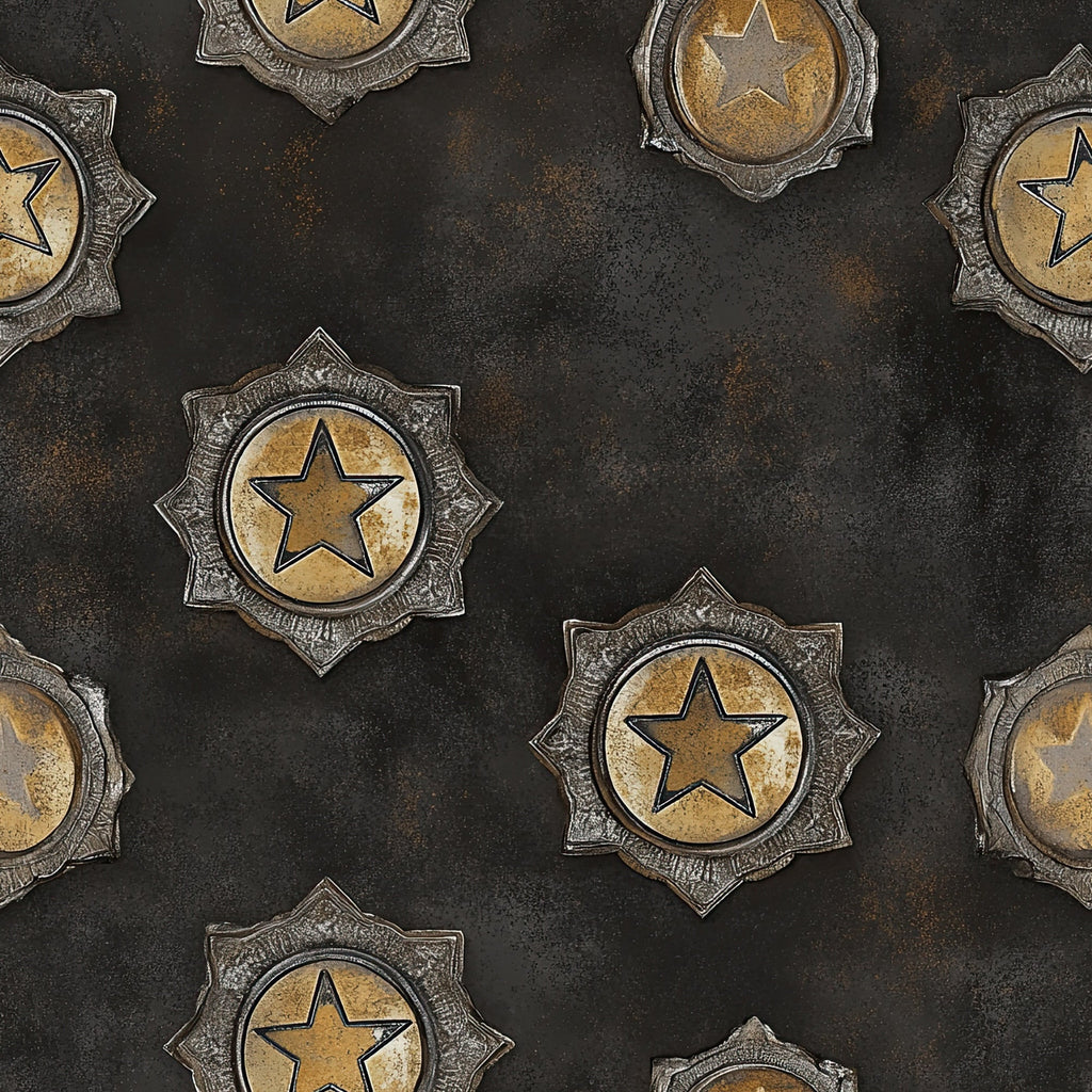 western themed, star badges, sheriff badges, metallic gold, bronze, dark brown, black background, vintage style, distressed texture, law enforcement, cowboy motifs,, fabric panel, rustic appearance, weathered metal, circular badges, pointed star design, western americana, antique finish, repeating pattern