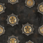 western themed, star badges, sheriff badges, metallic gold, bronze, dark brown, black background, vintage style, distressed texture, law enforcement, cowboy motifs,, fabric panel, rustic appearance, weathered metal, circular badges, pointed star design, western americana, antique finish, repeating pattern