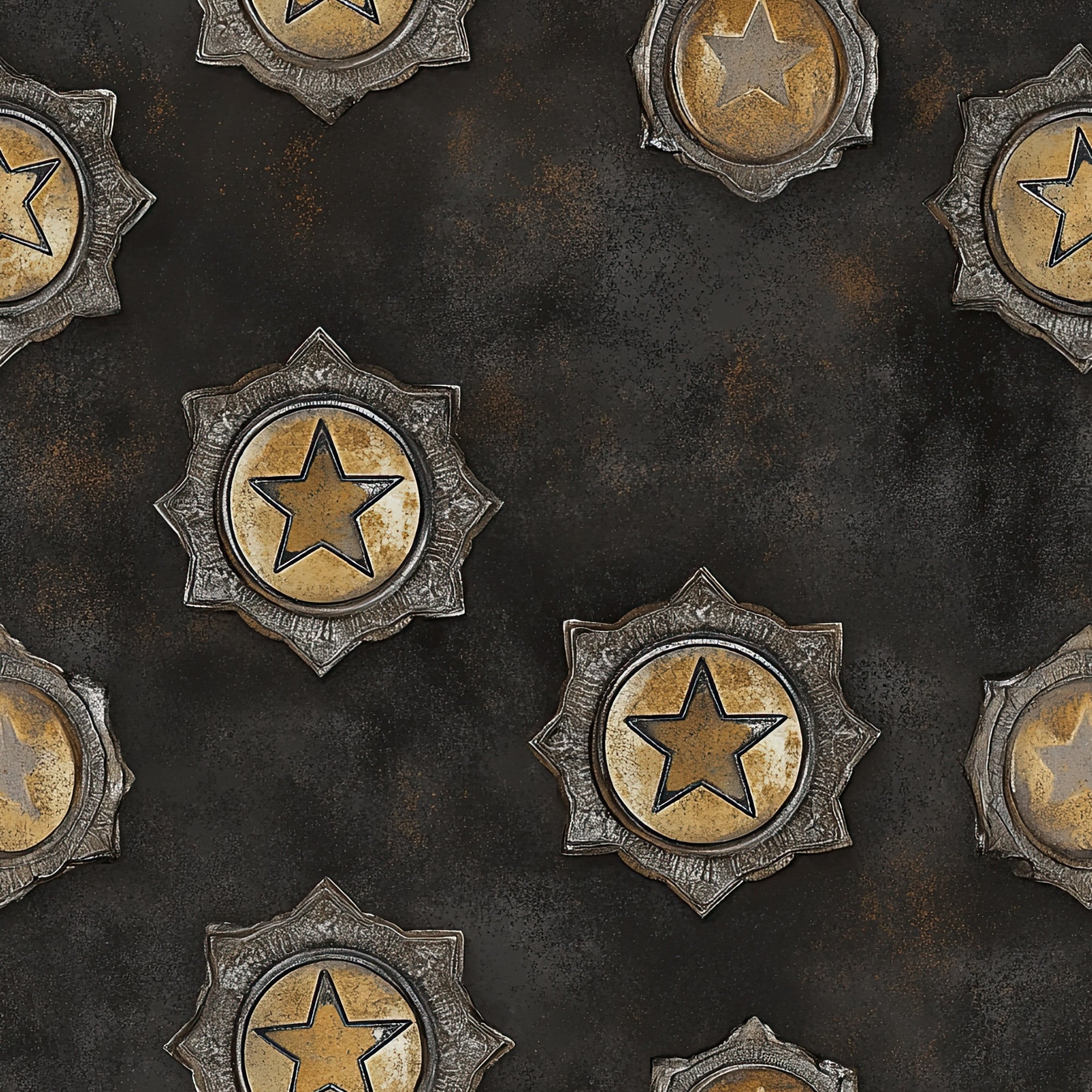 western themed, star badges, sheriff badges, metallic gold, bronze, dark brown, black background, vintage style, distressed texture, law enforcement, cowboy motifs,, fabric panel, rustic appearance, weathered metal, circular badges, pointed star design, western americana, antique finish, repeating pattern