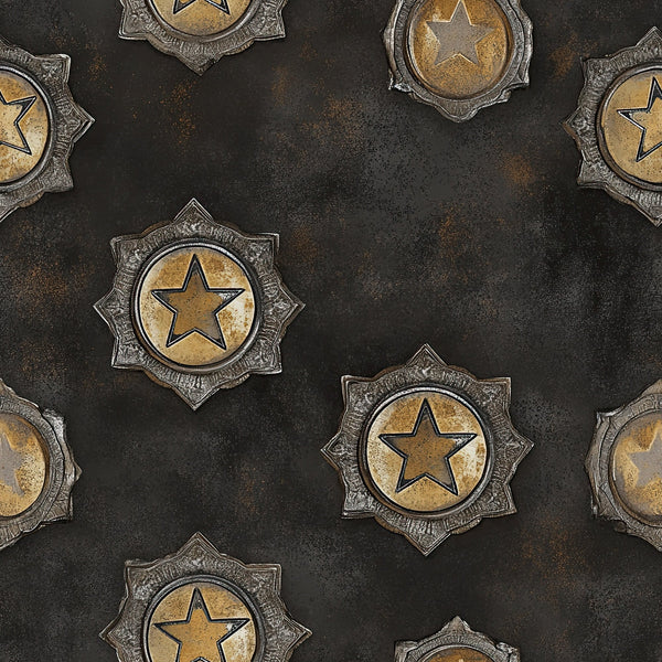 western themed, star badges, sheriff badges, metallic gold, bronze, dark brown, black background, vintage style, distressed texture, law enforcement, cowboy motifs,, fabric panel, rustic appearance, weathered metal, circular badges, pointed star design, western americana, antique finish, repeating pattern