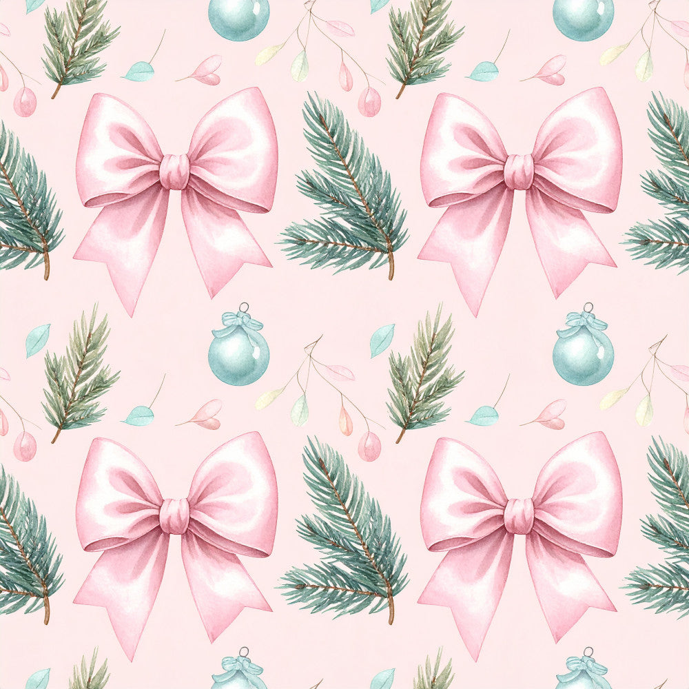 blush pink, soft pink, dusty rose, sage green, turquoise, pastel colors, christmas, holiday, winter, festive, bows, ribbons, evergreen branches, pine branches, ornaments, baubles, nature, botanical, elegant, whimsical, classic, traditional, nursery, baby, feminine, delicate, watercolor, hand-painted, gift giving, seasonal