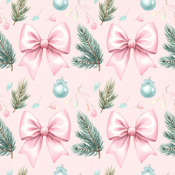 blush pink, soft pink, dusty rose, sage green, turquoise, pastel colors, christmas, holiday, winter, festive, bows, ribbons, evergreen branches, pine branches, ornaments, baubles, nature, botanical, elegant, whimsical, classic, traditional, nursery, baby, feminine, delicate, watercolor, hand-painted, gift giving, seasonal
