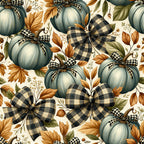 slate blue pumpkins, black and cream plaid bows, autumn leaves, fall harvest, farmhouse style, gingham check, teal pumpkins, golden brown foliage, rustic autumn, vintage farmhouse, seasonal fall, harvest time, thanksgiving, black and white gingham, cream background, nature inspired, traditional fall, cozy autumn, decorative bows, botanical elements, autumn botanical, fall decor, warm earth tones, countryside style, classic plaid, seasonal decor, fall themed, harvest season, autumn floral, farmhouse decor