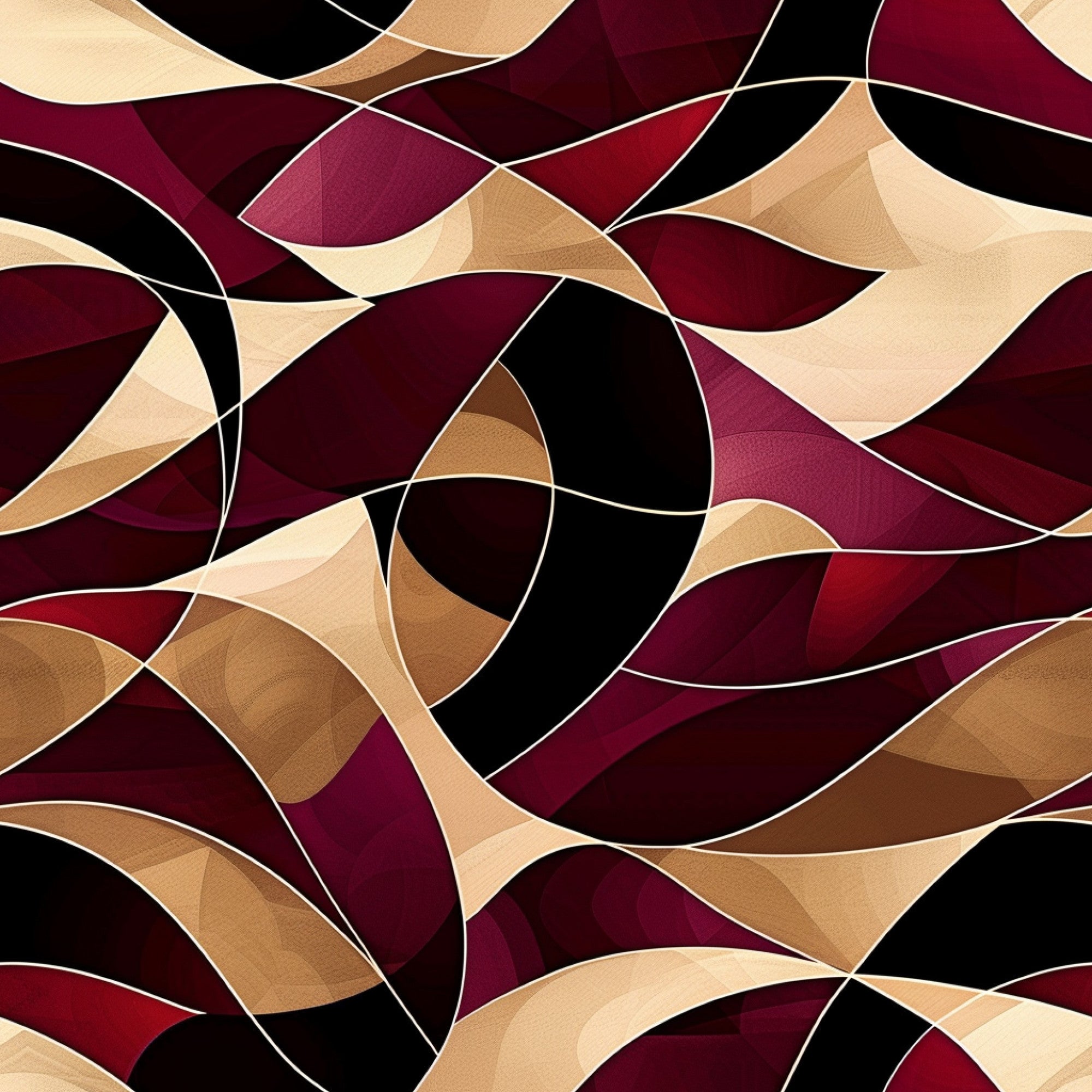 burgundy, maroon, crimson, beige, tan, cream, black, abstract waves, flowing curves, geometric shapes, overlapping ribbons, swirling pattern, contemporary design, modern art, dynamic movement,, fabric panel, layered composition, warm tones, artistic swirls