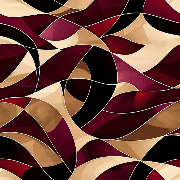 burgundy, maroon, crimson, beige, tan, cream, black, abstract waves, flowing curves, geometric shapes, overlapping ribbons, swirling pattern, contemporary design, modern art, dynamic movement,, fabric panel, layered composition, warm tones, artistic swirls