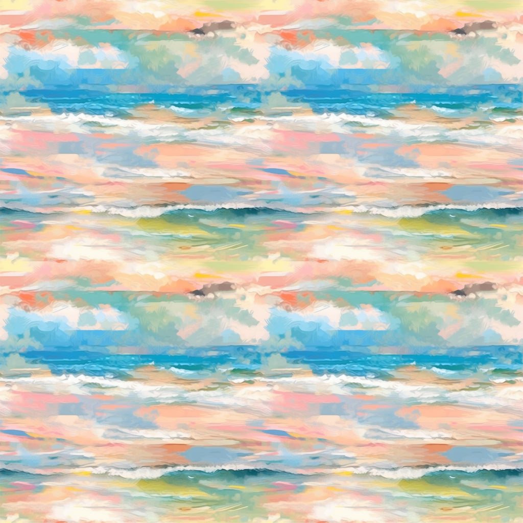 impressionist style, watercolor effect, ocean waves, seascape, coral pink, turquoise blue, sage green, peach tones, yellow accents, white foam, rolling waves, coastal scene, painterly brushstrokes, soft blended colors,, fabric panel, beachscape, maritime theme, flowing water, artistic waves