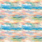 impressionist style, watercolor effect, ocean waves, seascape, coral pink, turquoise blue, sage green, peach tones, yellow accents, white foam, rolling waves, coastal scene, painterly brushstrokes, soft blended colors,, fabric panel, beachscape, maritime theme, flowing water, artistic waves