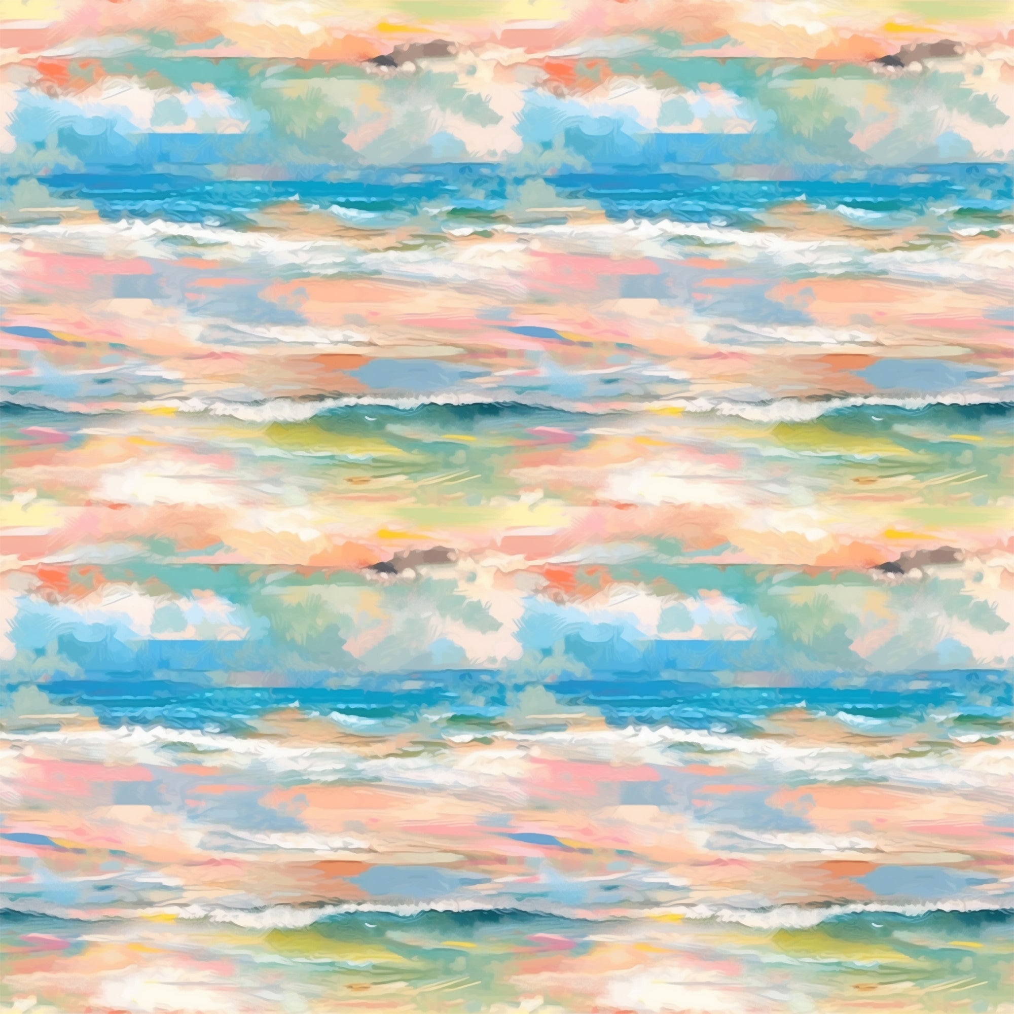 impressionist style, watercolor effect, ocean waves, seascape, coral pink, turquoise blue, sage green, peach tones, yellow accents, white foam, rolling waves, coastal scene, painterly brushstrokes, soft blended colors,, fabric panel, beachscape, maritime theme, flowing water, artistic waves