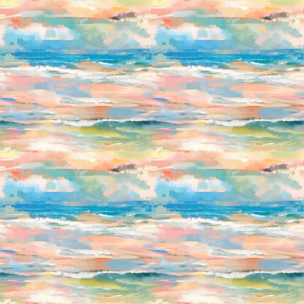 impressionist style, watercolor effect, ocean waves, seascape, coral pink, turquoise blue, sage green, peach tones, yellow accents, white foam, rolling waves, coastal scene, painterly brushstrokes, soft blended colors,, fabric panel, beachscape, maritime theme, flowing water, artistic waves