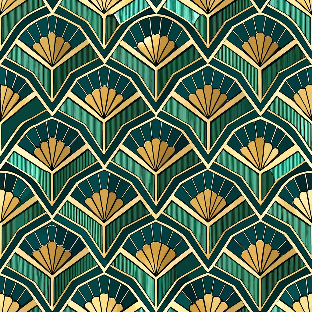 emerald green, gold, cream, art deco, fan pattern, geometric design, repeating motif, luxurious, elegant, vintage style,, fabric panel, ornate details, symmetrical pattern, decorative fans, intricate linework, sophisticated palette, 1920s inspired, glamorous aesthetic