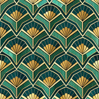 emerald green, gold, cream, art deco, fan pattern, geometric design, repeating motif, luxurious, elegant, vintage style,, fabric panel, ornate details, symmetrical pattern, decorative fans, intricate linework, sophisticated palette, 1920s inspired, glamorous aesthetic