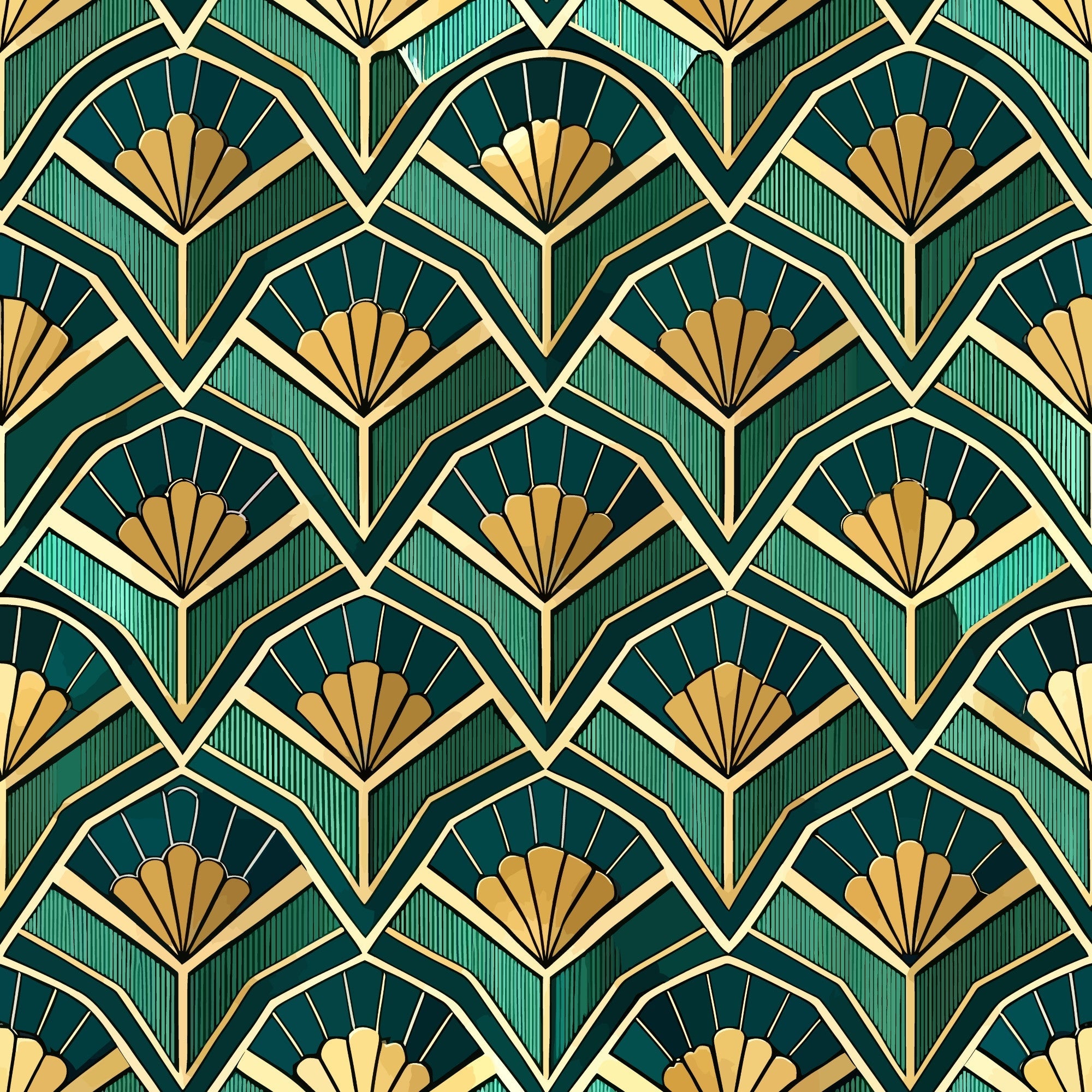 emerald green, gold, cream, art deco, fan pattern, geometric design, repeating motif, luxurious, elegant, vintage style,, fabric panel, ornate details, symmetrical pattern, decorative fans, intricate linework, sophisticated palette, 1920s inspired, glamorous aesthetic