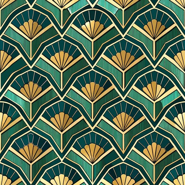 emerald green, gold, cream, art deco, fan pattern, geometric design, repeating motif, luxurious, elegant, vintage style,, fabric panel, ornate details, symmetrical pattern, decorative fans, intricate linework, sophisticated palette, 1920s inspired, glamorous aesthetic