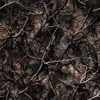 realistic camo, hunting pattern, brown tones, tan colors, dark brown, charcoal gray, tree branches, twigs, bark texture, camouflage design, outdoor theme, woodland pattern, natural elements,, fabric panel, earth tones, rustic pattern, hunting motif, branches overlay, nature inspired