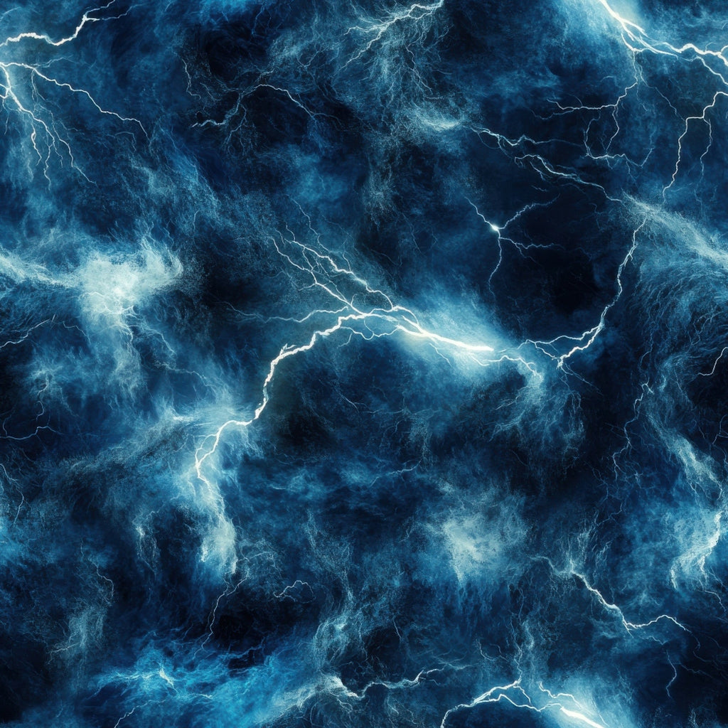 deep blue, navy blue, electric blue, white lightning, thunderbolt pattern, storm clouds, dramatic sky, lightning bolts, electrical discharge, stormy weather,, fabric panel, swirling clouds, atmospheric design, weather pattern, electric storm, turbulent sky, nature elements, storm system, meteorological theme