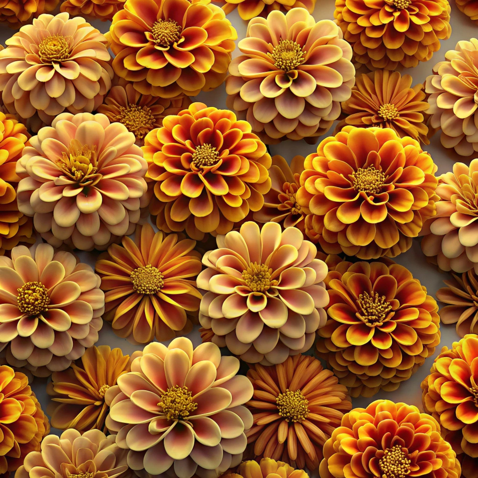 realistic flowers, autumn colors, orange petals, golden yellow, warm amber, bronze tones, dahlia blooms, zinnia flowers, floral pattern,, fabric panel, botanical design, layered petals, flower heads, warm palette, fall florals, detailed blooms, nature motif, seamless repeat, crafting fabric