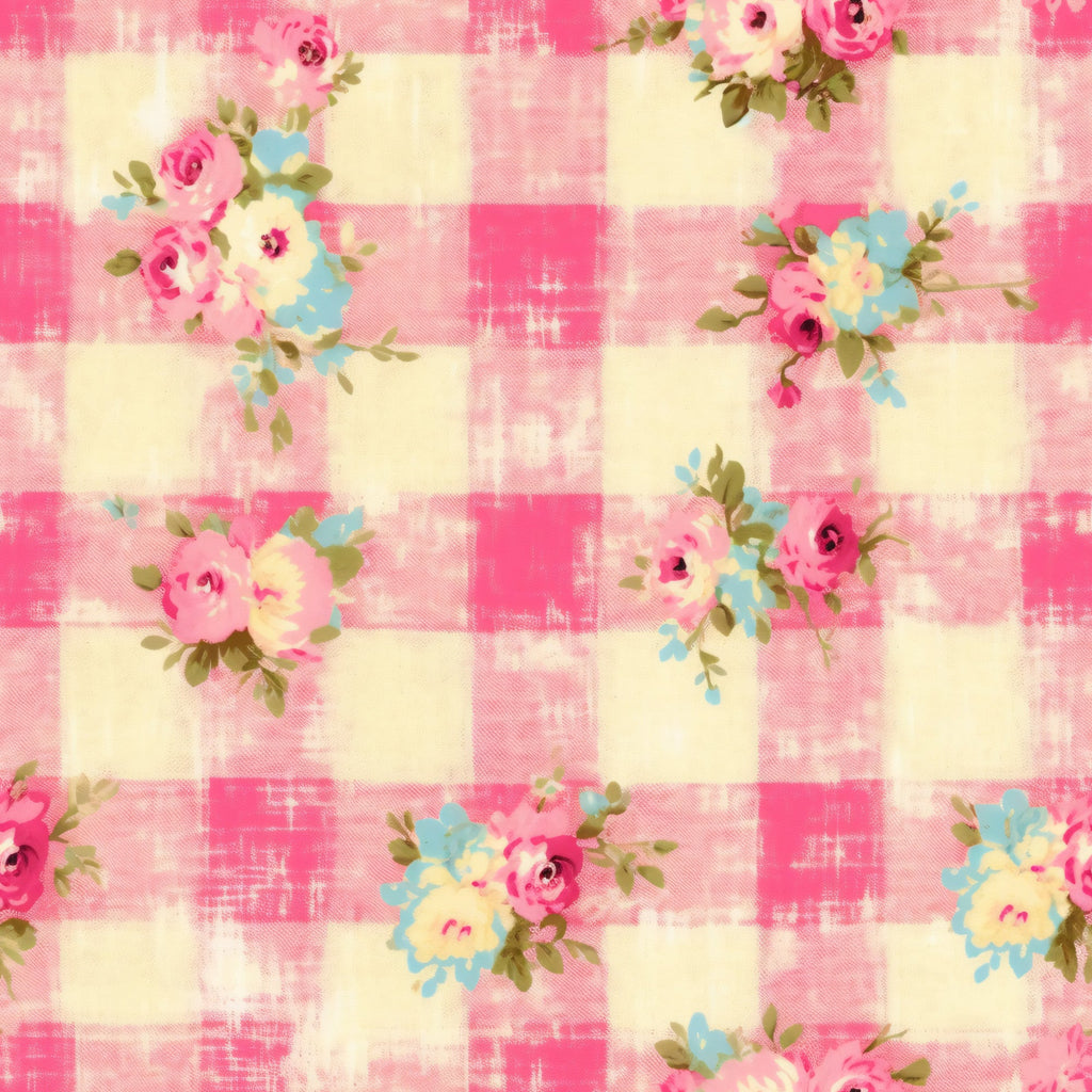 pink, cream, yellow, blue, plaid pattern, gingham, floral roses, country style, shabby chic,, fabric panel, vintage flowers, checkered background, cottage core, pastel colors, botanical motifs, feminine design, crafting material, patchwork suitable, distressed texture