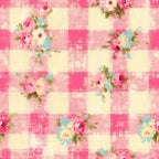 pink, cream, yellow, blue, plaid pattern, gingham, floral roses, country style, shabby chic,, fabric panel, vintage flowers, checkered background, cottage core, pastel colors, botanical motifs, feminine design, crafting material, patchwork suitable, distressed texture