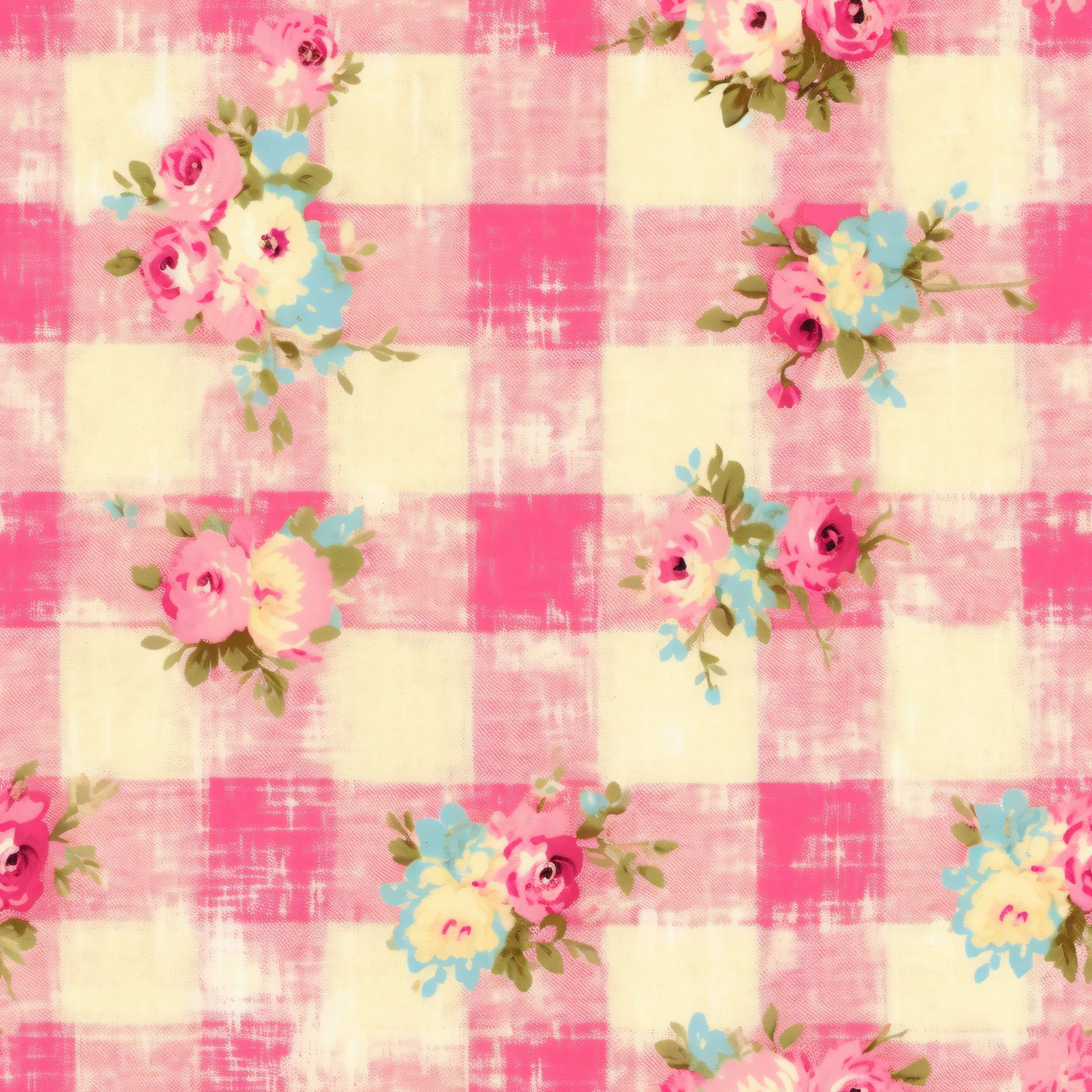 pink, cream, yellow, blue, plaid pattern, gingham, floral roses, country style, shabby chic,, fabric panel, vintage flowers, checkered background, cottage core, pastel colors, botanical motifs, feminine design, crafting material, patchwork suitable, distressed texture