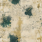 vintage manuscript, aged paper, distressed text, teal green, forest green, gold, cream, beige, tan, abstract, grunge, literary, antique, weathered, ink splatter, handwritten, cursive, elegant, rustic, steampunk, victorian, old world, eclectic, bohemian, artistic, mixed media, collage, historical, worn, aged patina