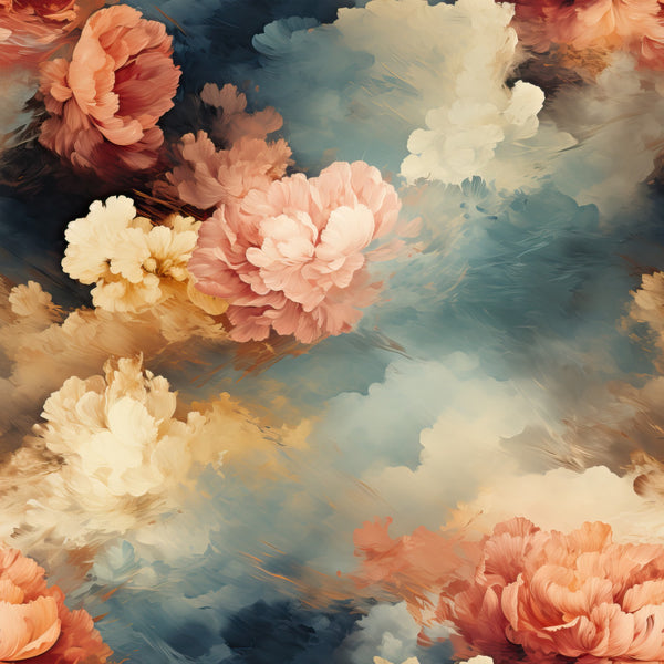 coral pink, blush pink, cream, soft yellow, pale blue, dusty teal, navy blue, peachy orange, floral, abstract, painted, watercolor, clouds, peonies, romantic, dreamy, whimsical, elegant, vintage, nature-inspired, sky, cloudscape, spring, summer, nursery, baby room, kids room, celestial, artistic, soft palette