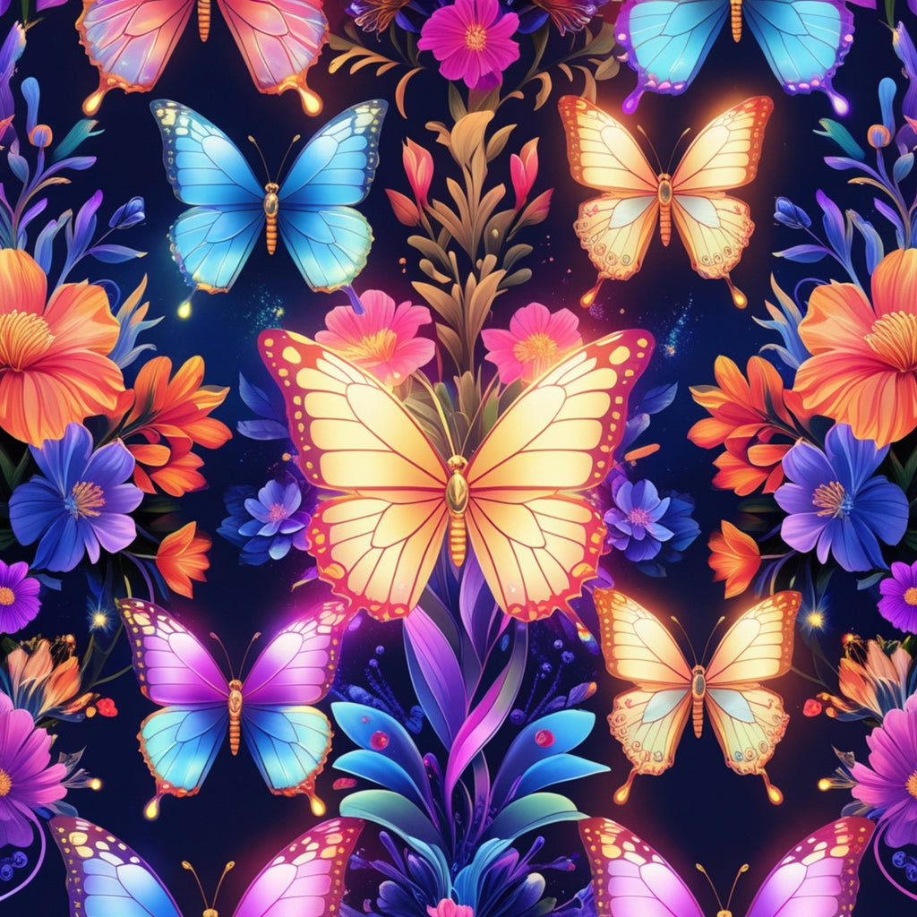 fantasy butterflies, vibrant colors, floral pattern,, fabric panel, purple background, blue butterflies, orange butterflies, pink flowers, tropical blooms, whimsical design, nature motif, botanical elements, colorful wings, garden theme, fantasy art, bright hues, decorative pattern, magical atmosphere, artistic illustration